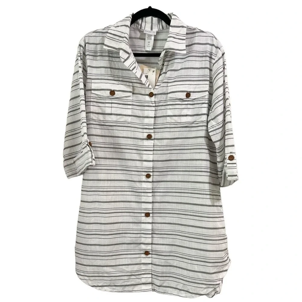 NWT Dotti Baja White Gray Striped Cotton Button Up Dress Swim Cover-up Sz Small - Picture 3 of 9